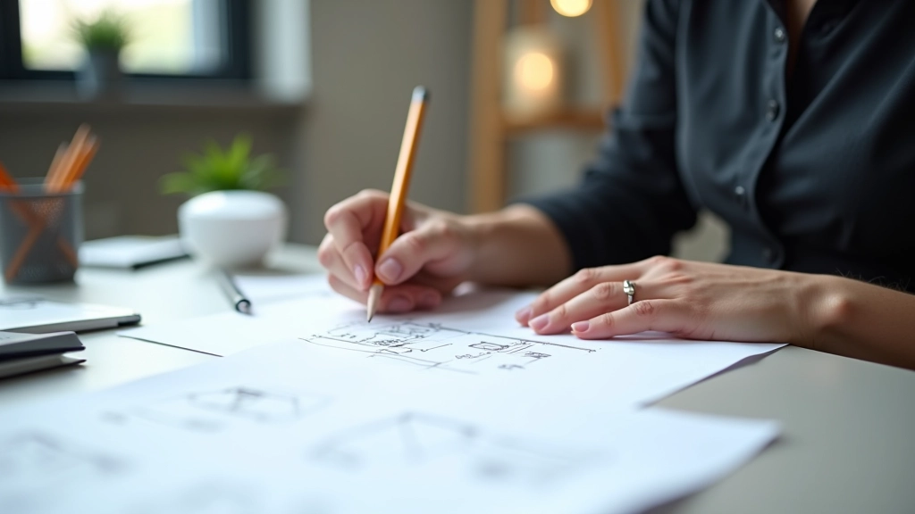 Designer sketching menu wireframes and user flow diagrams on paper at workspace desk