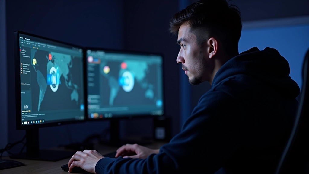 Game developer workspace with multiple monitor displays showing HUD design mockups and interface layouts